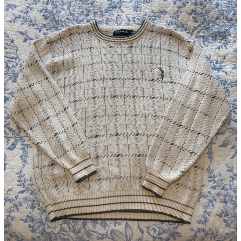 Carmel Mens Vintage Golf Sweater Cream Grid Pattern Embroidered Made in USA Med